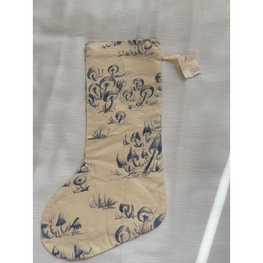 Shannon Retseck Studio Blue Mushroom Print French Linen Christmas Stocking New